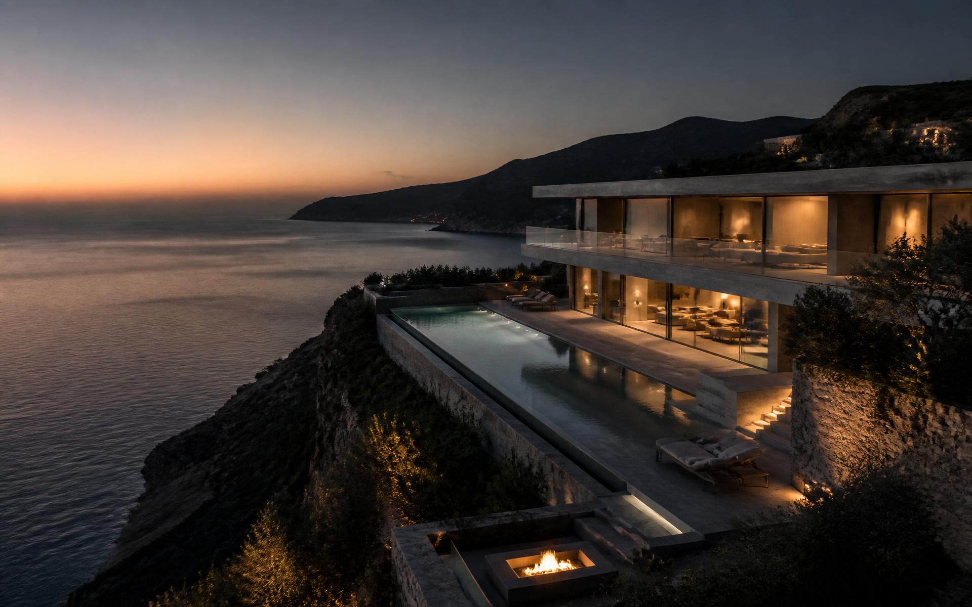 A modernist clifftop villa at twilight